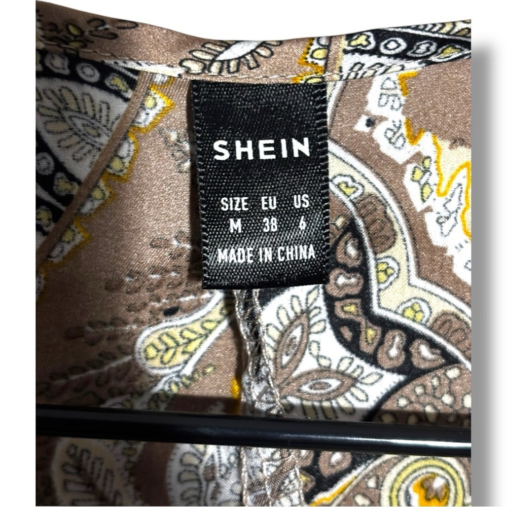 SHEIN Paisley Cream/Gold/Brown Tie-Front Collarless Cropped Festival Blouse - Picture 8 of 16